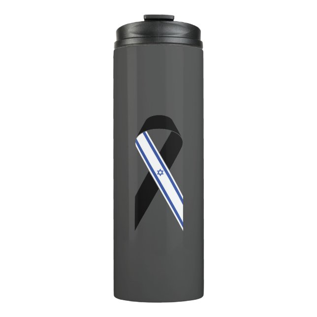 Israel flag black ribbon memorial dark grey thermal tumbler (Front)