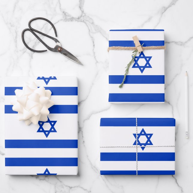 Israel flag blue and white Star of David pattern Wrapping Paper Sheet (Front)