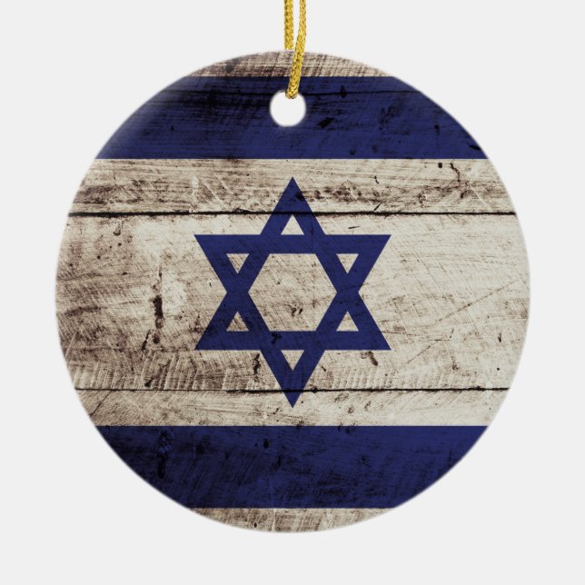 Israel Flag on Old Wood Grain Ceramic Tree Decoration (Front)