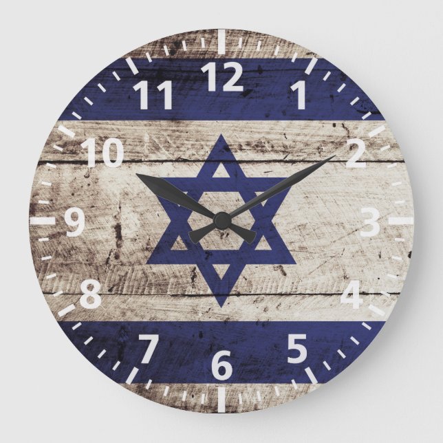 Israel Flag on Old Wood Grain Large Clock (Front)