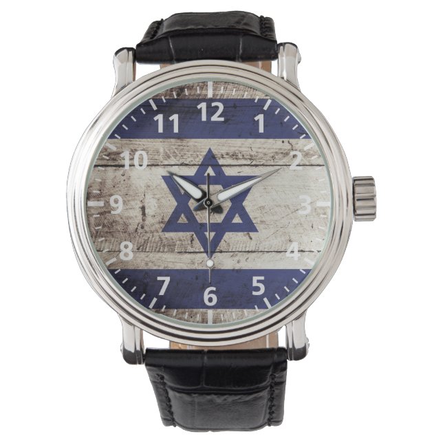 Israel Flag on Old Wood Grain Watch (Front)