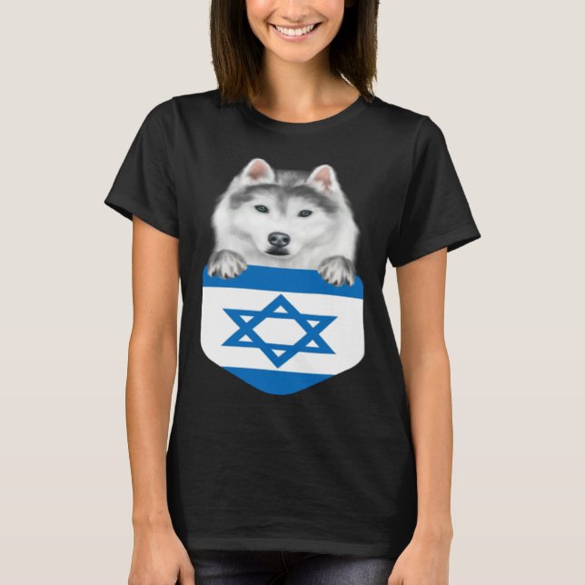 Israel Flag Siberian Husky Dog In Pocket T-Shirt (Front)