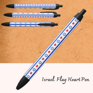 Israel pen, Israeli Flag with Red Hearth Black Ink Pen