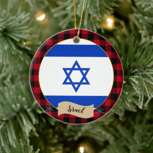 Israel, Red buffalo plaid & Israel Flag Ceramic Tree Decoration