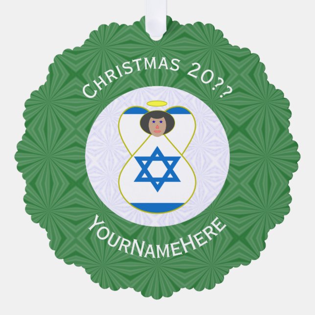 Israeli Angel Christmas Flag Personalised Tree Decoration Card (Front)