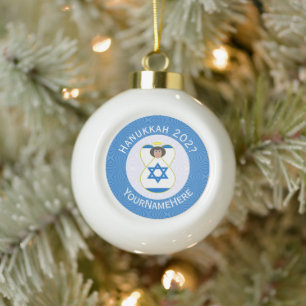 Israeli Angel Hanukkah Flag Personalised  Ceramic Ball Christmas Ornament