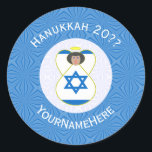 Israeli Angel Hanukkah Flag Personalised  Classic Round Sticker<br><div class="desc">Round sticker shows an angel wearing the flag of Israel on this sticker for holiday or Hanukkah gift decorating. The Israeli Flag angel is found inside a white, fractal circle of squiggly squares. The background is a blue fractal of squiggly squares. Add your own text or personalise with a name,...</div>