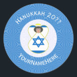 Israeli Angel Hanukkah Flag Personalised Classic Round Sticker<br><div class="desc">Round sticker shows an angel wearing the flag of Israel on this sticker for holiday or Hanukkah gift decorating. The Israeli Flag angel is found inside a white, fractal circle of squiggly squares. The background is a blue fractal of squiggly squares. Add your own text or personalise with a name,...</div>