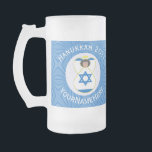 Israeli Angel Hanukkah Flag Personalised Large Frosted Glass Beer Mug<br><div class="desc">Personalised large frosted glass beer mug for Hanukkah features an angel dressed in the Israeli flag. White text lets you add a name, year, and holiday. Design shows on two sides of mug. Angels are inside a white fractal circle of squiggly squares. Background is a fractal of blue squiggly squares....</div>