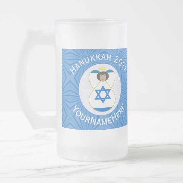 Israeli Angel Hanukkah Flag Personalised Large Frosted Glass Beer Mug (Left)