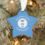 Israeli Angel Hanukkah Flag Personalised  Ornament<br><div class="desc">Star shaped ornament for holiday and Hanukkah decor featuring an angel dressed in the blue and white flag of Israel. Designed for families of multiple religions. The Hanukkah Israeli flag angel flies inside a white circle of squiggly squares, surrounded by a background of blue squiggly squares. Add a name to...</div>