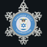 Israeli Angel Hanukkah Flag Personalised  Snowflake Pewter Christmas Ornament<br><div class="desc">Snowflake pewter ornament for holiday and Hanukkah decor featuring an angel dressed in the blue and white flag of Israel. Designed for families of multiple religions. The Hanukkah Israeli flag angel flies inside a white circle of squiggly squares, surrounded by a background of blue squiggly squares. Add a name to...</div>