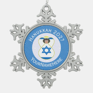 Israeli Angel Hanukkah Flag Personalised Snowflake Pewter Christmas Ornament