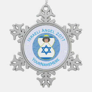 Israeli Flag Angel on Blue and White Personalised Snowflake Pewter Christmas Ornament
