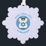 Israeli Flag Angel on Blue and White Personalised  Tree Decoration Card<br><div class="desc">On these personalised paper ornament cards, an angel wears the flag of Israel and flies in the centre of a digitally created, textured, blue, fractal circle. The primary colours in this design are blue and white, chosen with Hanukkah in mind. Blue letters read ISRAELI ANGEL and make a space for...</div>