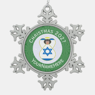 Israeli Flag Christmas Angel Name Year Snowflake Pewter Christmas Ornament