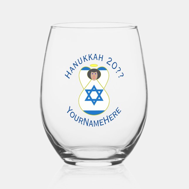 Israeli Flag Hanukkah Angel Personalised Stemless Wine Glass (Front)