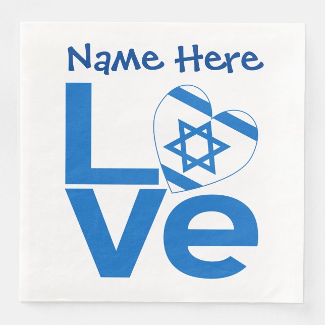 Israeli Flag Heart Blue LOVE Personalised Party Napkin (Front)