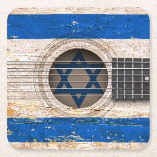 Israeli Flag on Old Acoustic Guitar Square Paper Coaster
