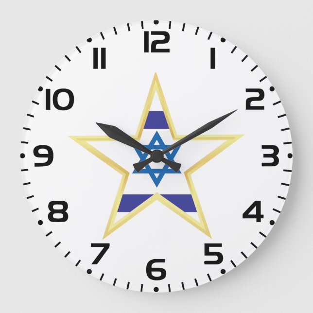 Israeli Flag Star of David Gold Trimmed Large Clock (Front)