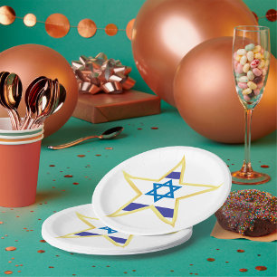 Israeli Flag Star of David Gold Trimmed Paper Plate