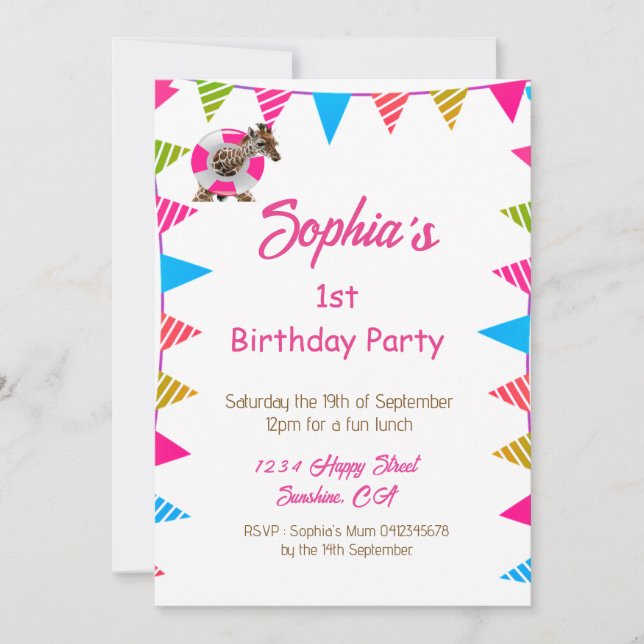 Ist Birthday Cute Pink Kids Giraffe Flag Bunting Invitation (Front)
