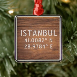 Istanbul Latitude & Longitude Dark Wood   Metal Tree Decoration