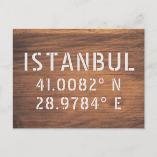 Istanbul Latitude & Longitude Dark Wood Postcard