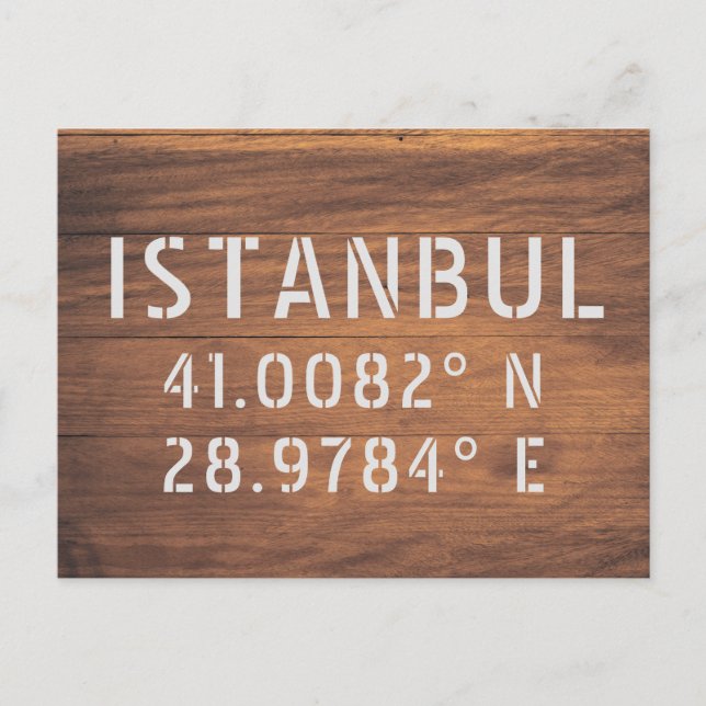 Istanbul Latitude & Longitude Dark Wood Postcard (Front)