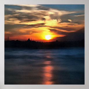 Istanbul Skyline Against Beautiful Sunset Poster