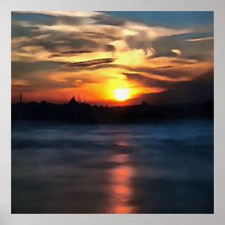 Istanbul Skyline Against Beautiful Sunset Poster
