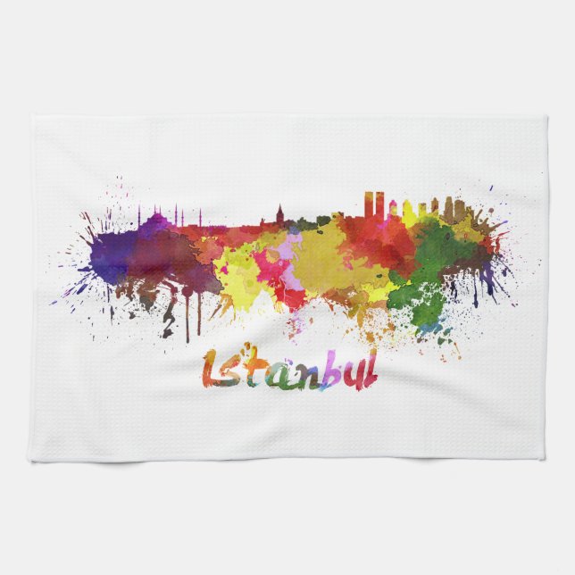 Istanbul skyline in watercolor tea towel (Horizontal)