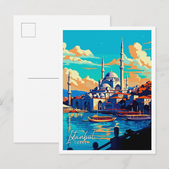 Istanbul Turkey Art vintage travel illustration Postcard (Front/Back)