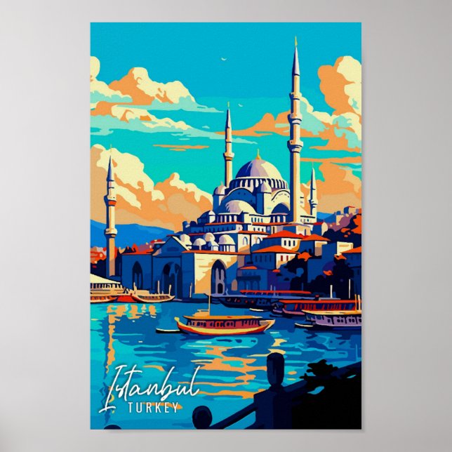 Istanbul Turkey Art vintage travel illustration Poster (Front)