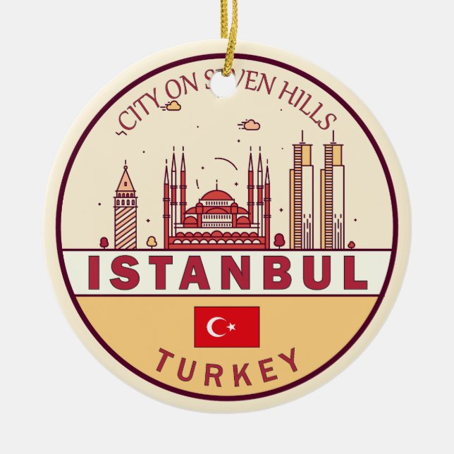 Istanbul Turkey City Skyline Emblem Ceramic Tree Decoration (Front)