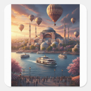 Istanbul Turkey Hot Air Balloons Blue Mosque Square Sticker