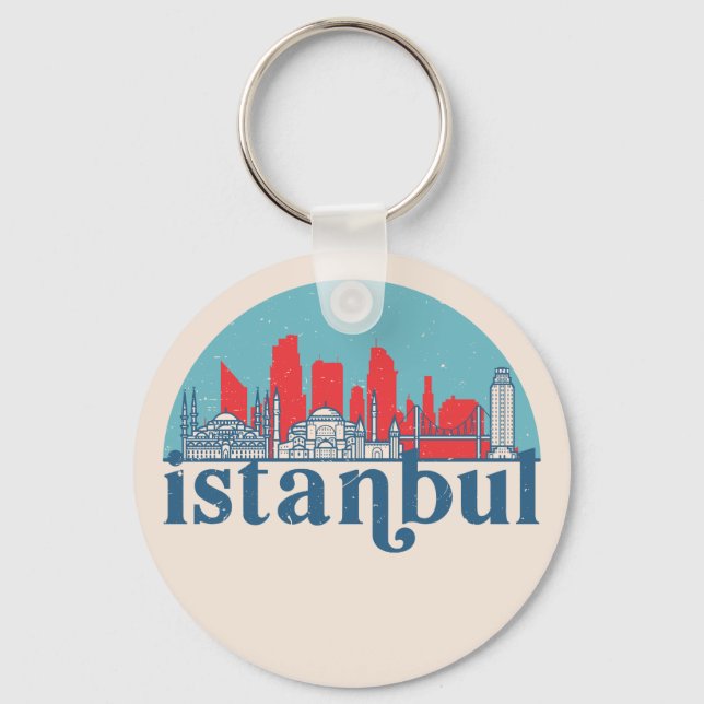 Istanbul Turkey Retro City Skyline Cityscape Art Key Ring (Front)