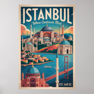 Istanbul Turkey Retro Skyline Cityscape Travel Poster