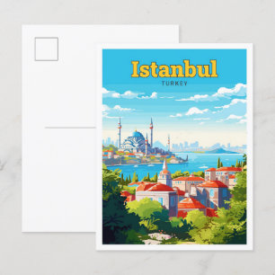 Istanbul Turkey Travel Vintage Illustration Postcard