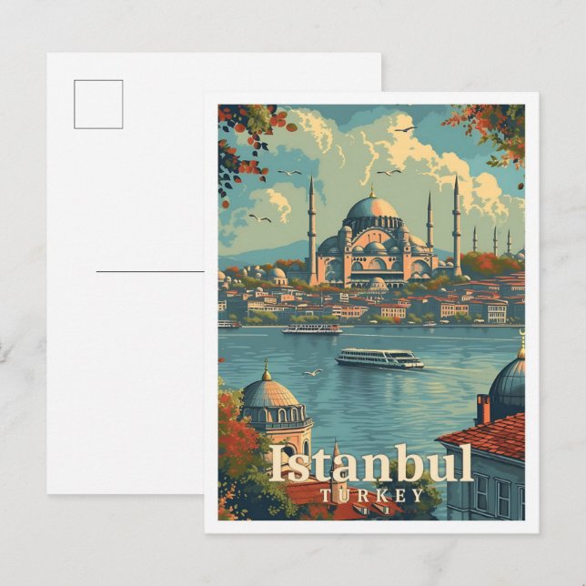 Istanbul Turkey Vintage Art Travel Illustration Postcard (Front/Back)