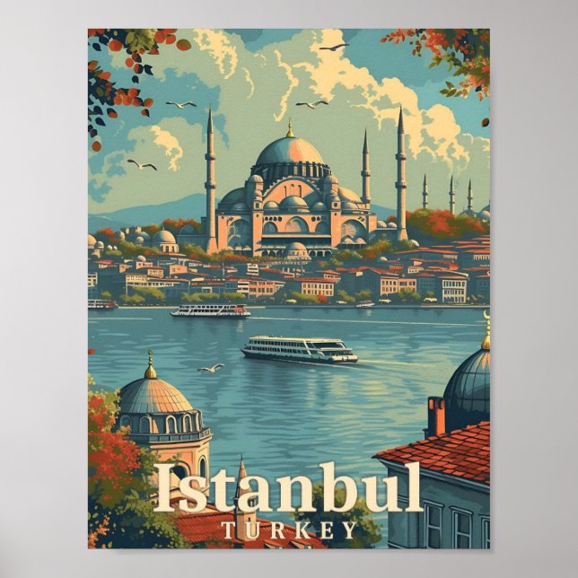 Istanbul Turkey Vintage Art Travel Illustration Poster (Front)