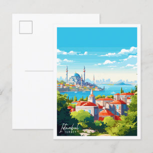 Istanbul Turkey vintage travel illustration Postcard