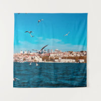 Istanbul view with seagulls on a warm sunny day, B