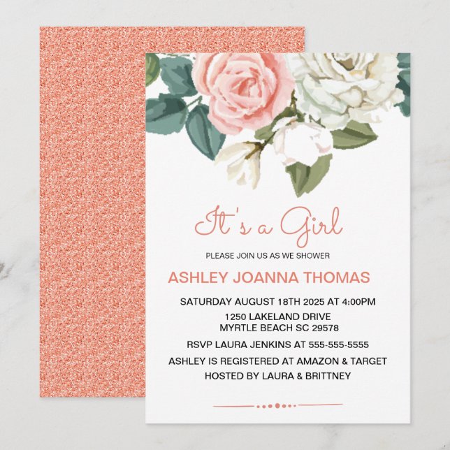 It' A Girl Elegant  Coral Flowers Baby Shower   Invitation (Front/Back)