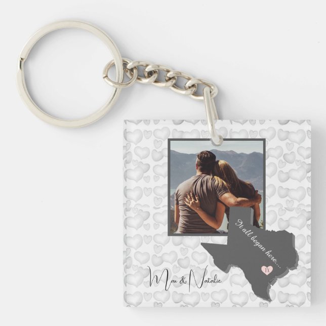 It all Began Here, Texas, Photo Heart Couple,   Key Ring (Front)