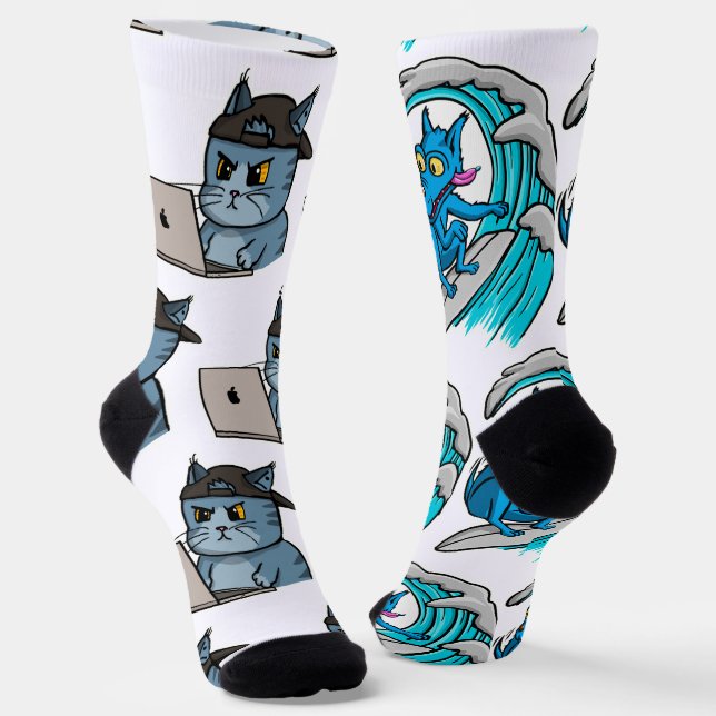 IT Cat and Surfer Dog Socks (Angled)