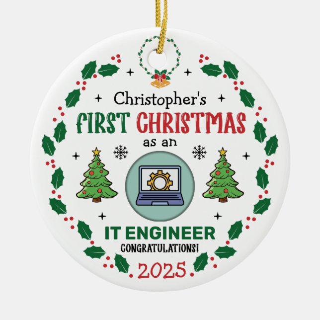 IT Engineer First Christmas Personalised Ceramic Tree Decoration (Front)