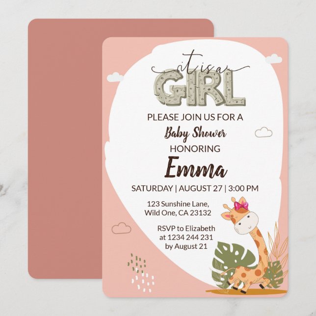 It is a Girl Baby Giraffe Baby Shower Invitation (Front/Back)