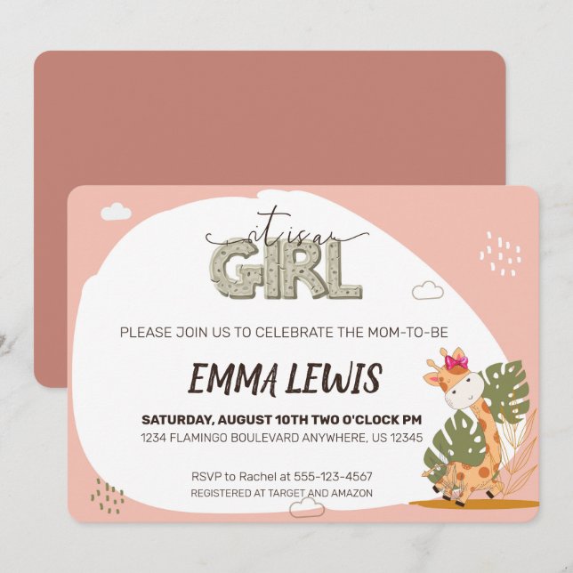 It is a Girl Baby Giraffe, Baby Shower Invitation (Front/Back)