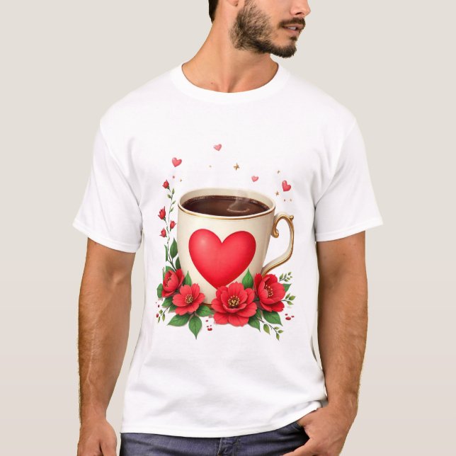 It Is Coffee Time With Mug And Red Hearts T-Shirt (Front)